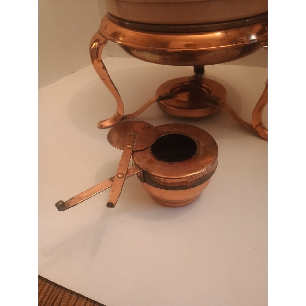 Vintage Copper Brass Skillet Chaffing Dish Fondue Pot with Wood Handle & Stand - Picture 6 of 6